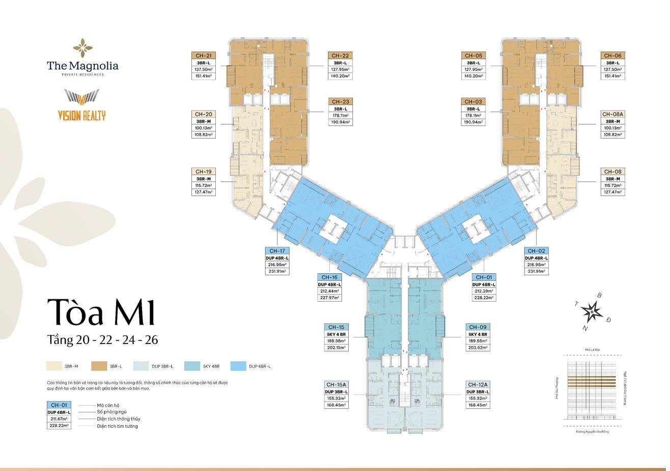 Mặt bằng tầng 20, 22, 24, 26 tòa M1 The Magnolia Long Biên