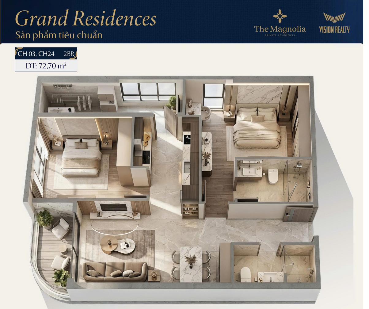 Mặt bằng 3D căn CH03, CH24 2BR Grand Residences The Magnolia Long Biên 72,70m²