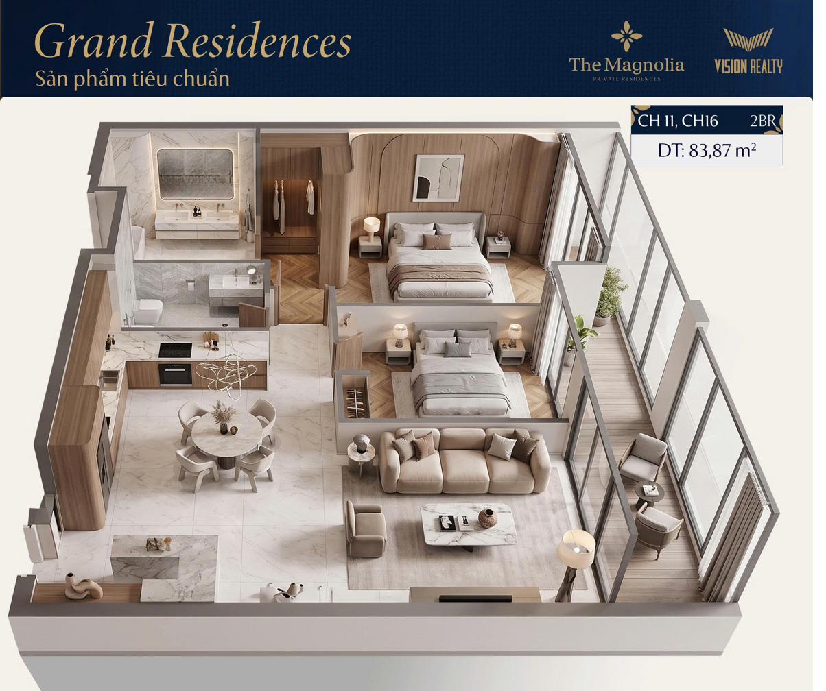 Mặt bằng 3D căn CH11, CH16 2BR Grand Residences The Magnolia Long Biên 83,87m²
