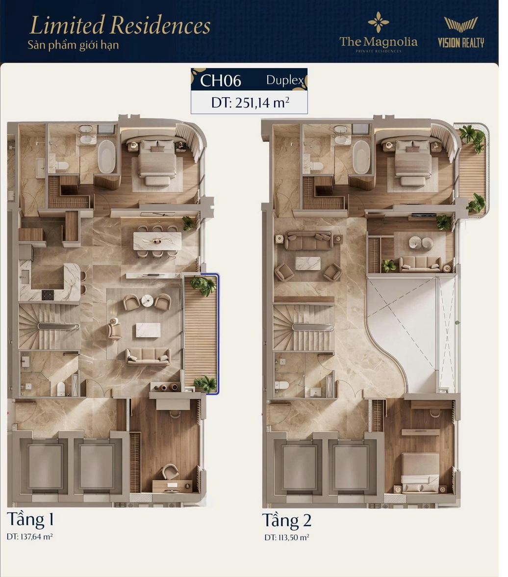 Mặt bằng 3D căn CH06 Duplex Limited Residences The Magnolia Long Biên 251,14m²