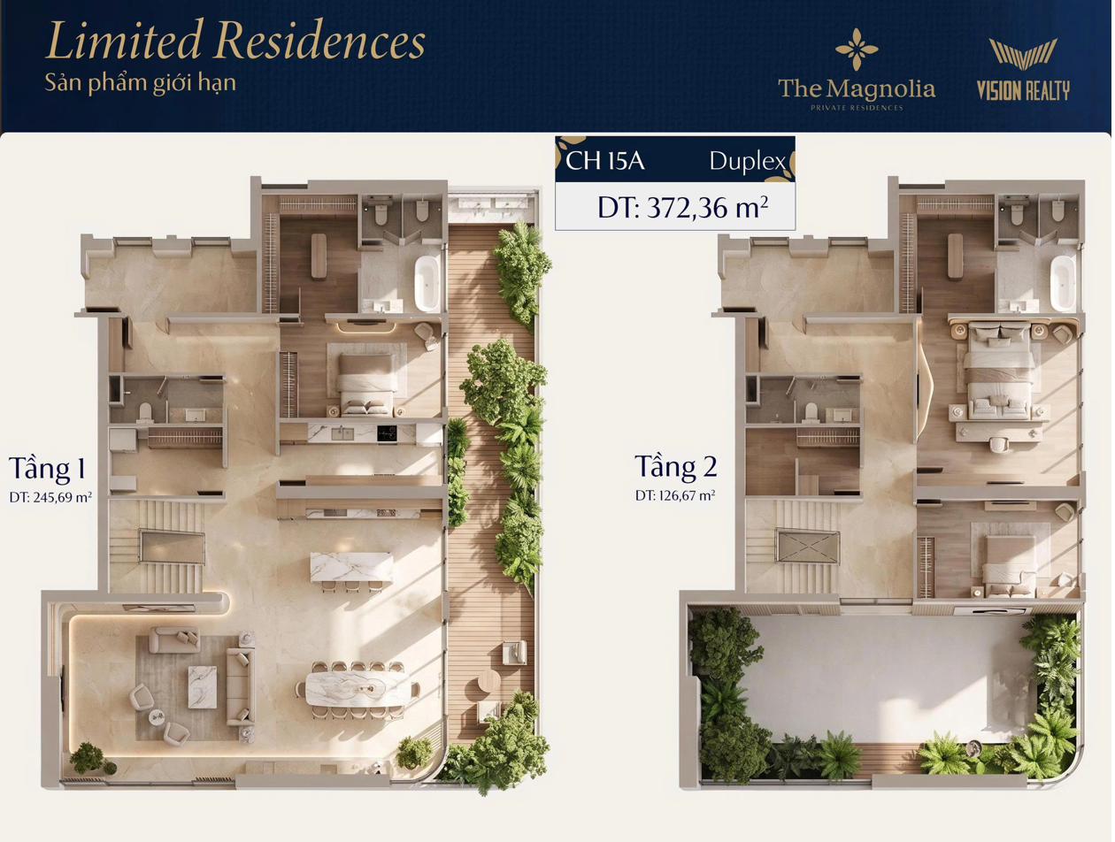 Mặt bằng 3D căn CH15A Duplex Limited Residences The Magnolia Long Biên 372,36m²