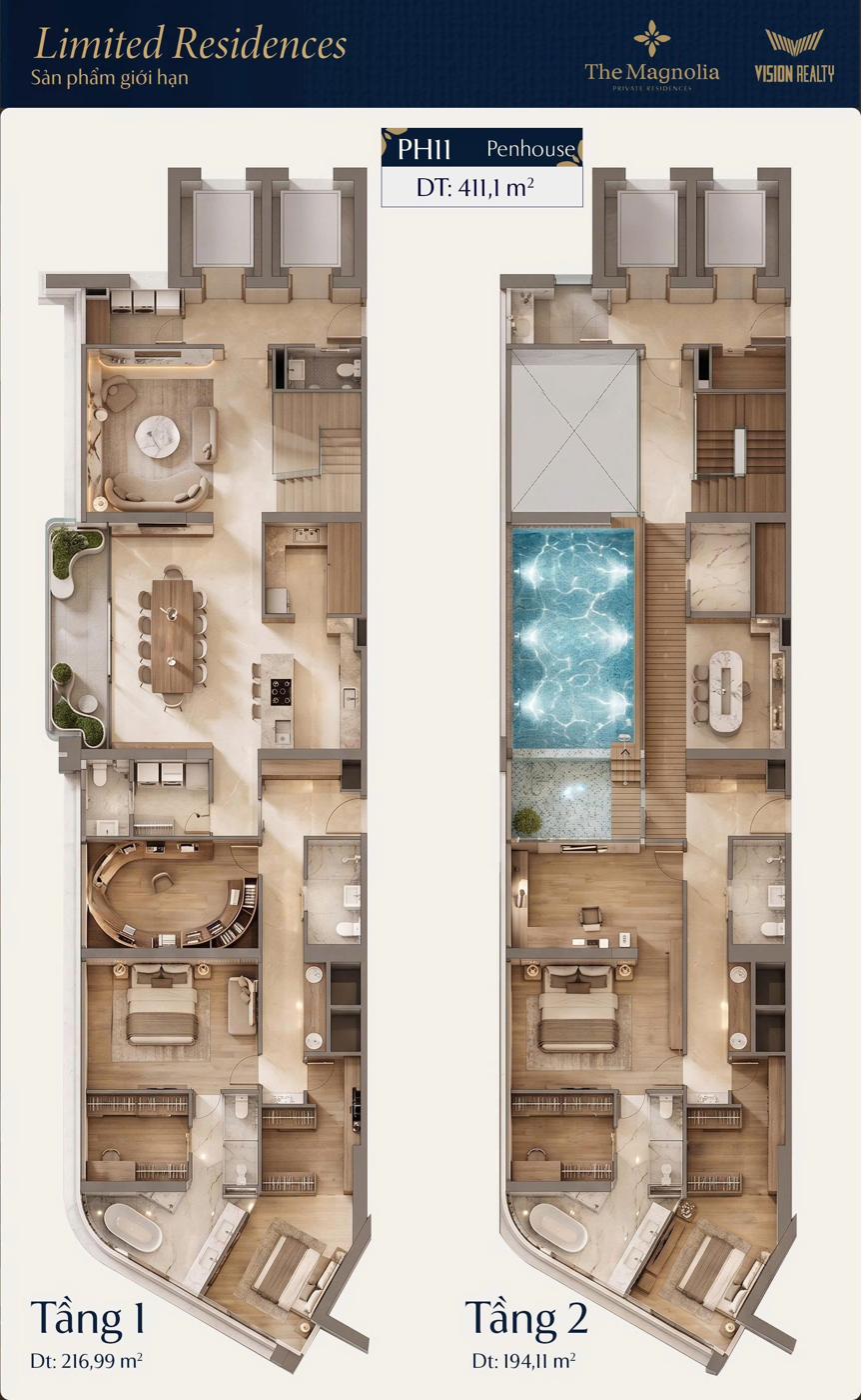Mặt bằng 3D căn PH11 Penthouse Limited Residences The Magnolia Long Biên 411,1m²