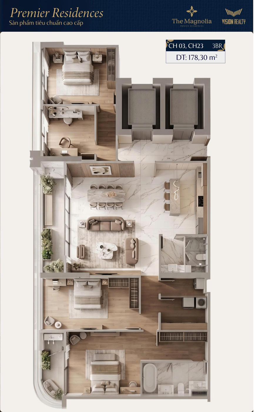 Mặt bằng 3D căn CH03, CH23 3BR Premier Residences The Magnolia Long Biên 178,30m²