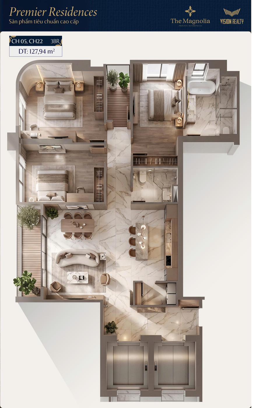Mặt bằng 3D căn CH05, CH22 3BR Premier Residences The Magnolia Long Biên 127,94m²