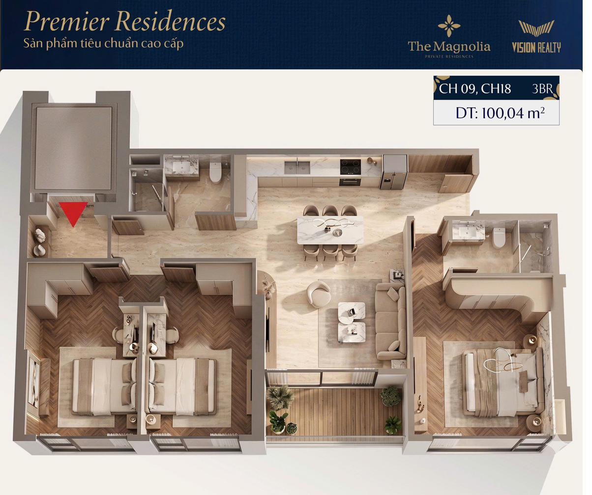 Mặt bằng 3D căn CH09, CH18 3BR Premier Residences The Magnolia Long Biên 100,04m²