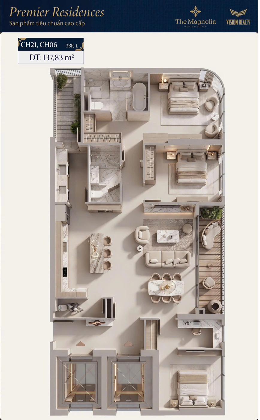 Mặt bằng 3D căn CH21, CH06 3BR-L Premier Residences The Magnolia Long Biên 137,83m²